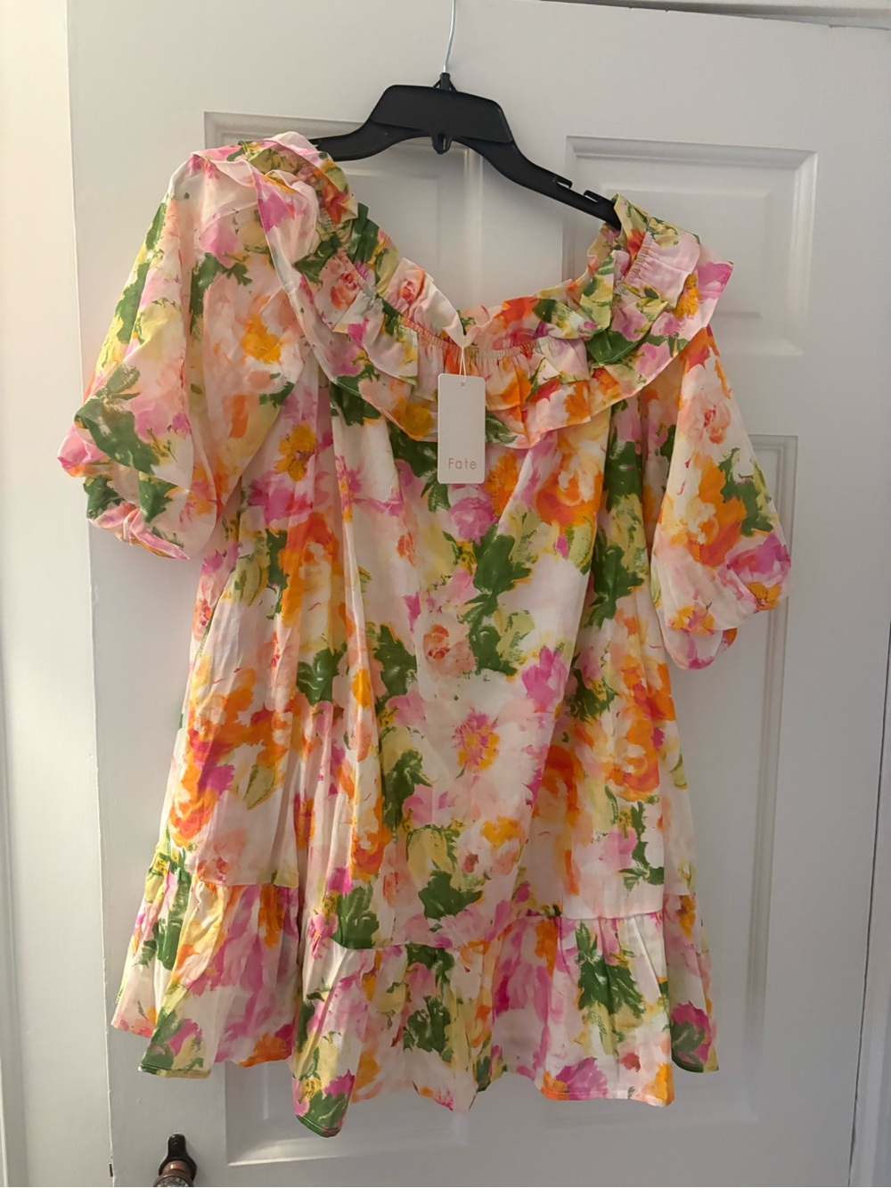 Floral Ruffle off the shoulder Dress - Pink, Green, Yellow